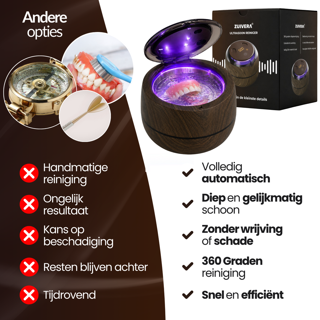 Zuivera Ultrasoon Reiniger voor Kunstgebit, Aligners &amp; Sieraden | 200ML | Bruin